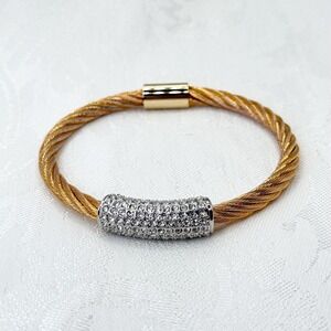 Vintage Gold Tone and Silver Pavé Rhinestones Braided Bangle Cable Wire Bracelet
